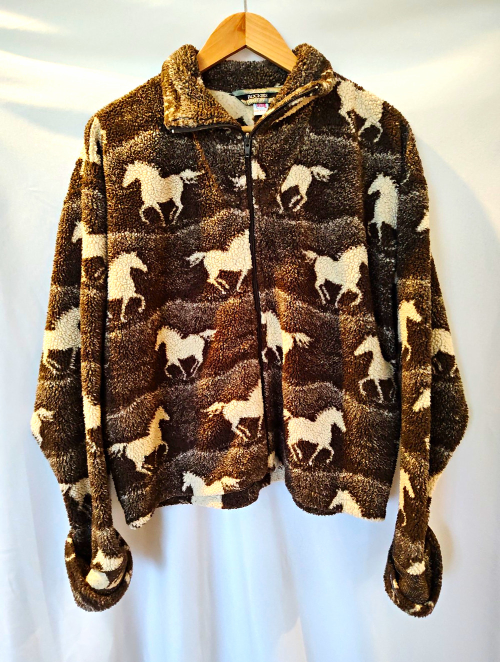 VTG Rockies Jeanswear Horse Fleece Jacket XL Brown Full Zip Western Made in USA